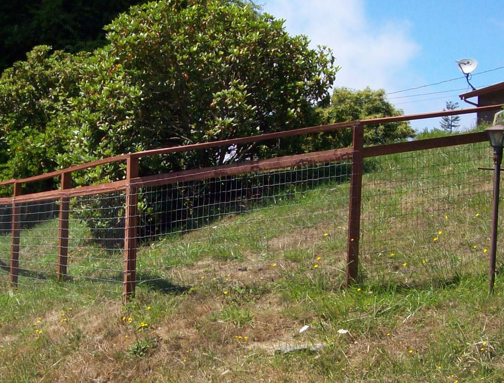 Hog wire fence with redwood top rail on a sunny Humboldt County hillside