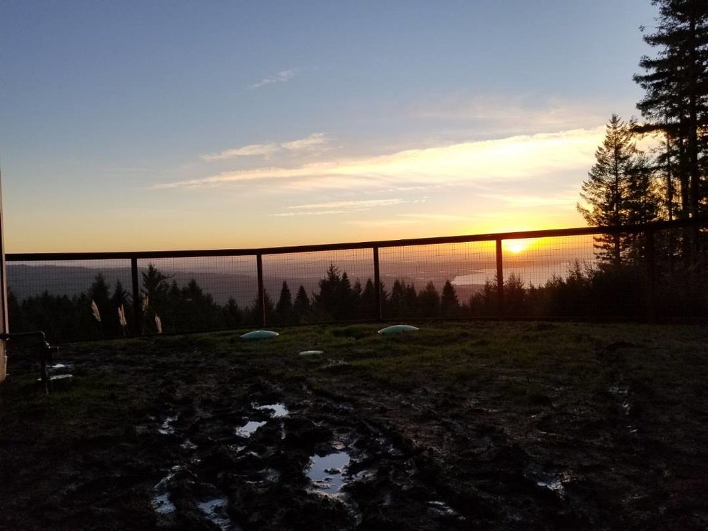 Horizontal fence line across a hilltop overlooking the Humboldt coast at sunset