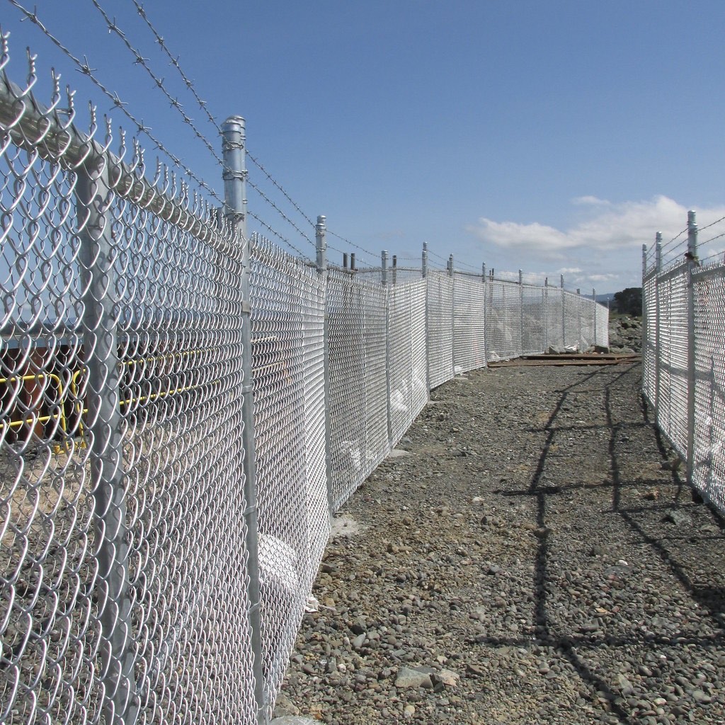 Galvanized chain link dog run with privacy slats installed at a Humboldt home