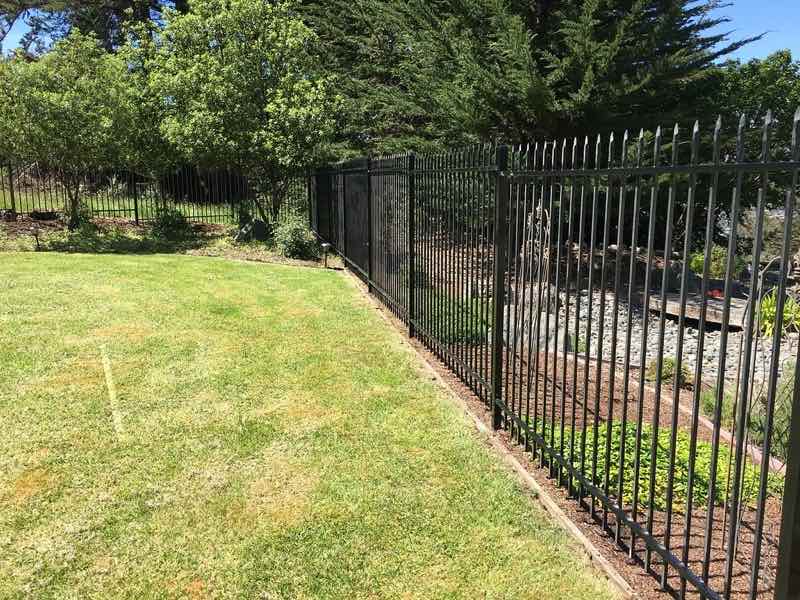 Black ornamental iron fence along a landscape edge on a Humboldt County estate