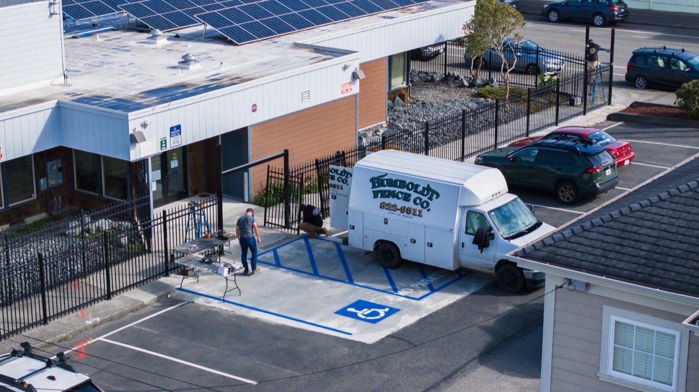 Aerial view of the Humboldt Fence Co. office and yard at 564 State Hwy 36 in Fortuna, CA