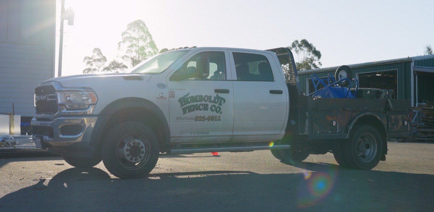 Humboldt Fence Co. branded Ram service truck at the Fortuna yard